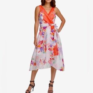 NWT DKNY Floral Faux Wrap MIDI Dress Size 10